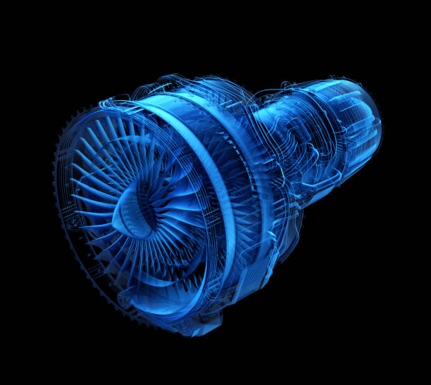X-ray style turbofan jet engine isolated on black background. 3D rendering image.